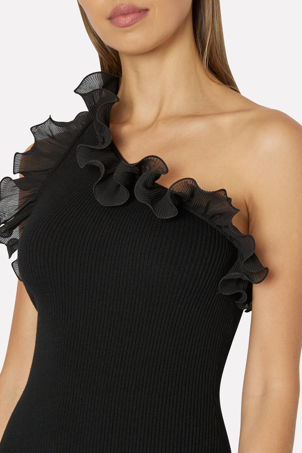 MILLY Black Scallop in Ruffle Dress Midi Sleeveless | Shoulder One
